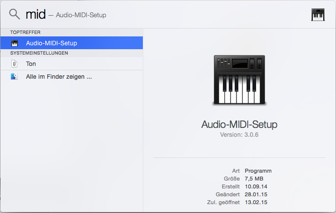 Drei Buchstaben in Spotlight (cmd + space), nämlich "mid", reichen schon aus um das Audio-MIDI-Setup zum Vorschein zu bringen.
