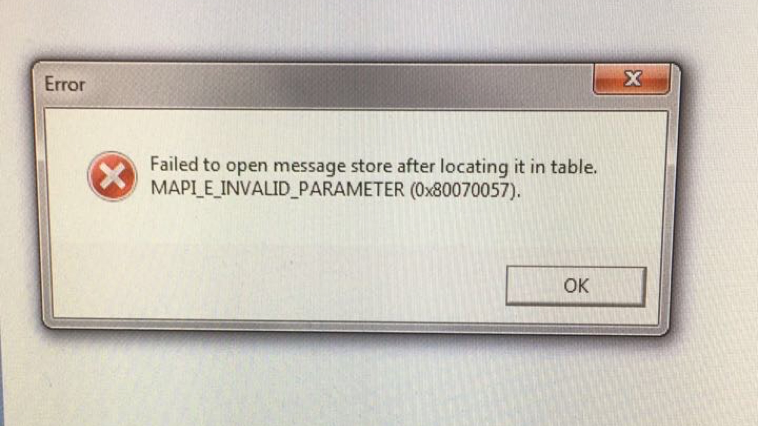 Failed to open message store after locating it in table.